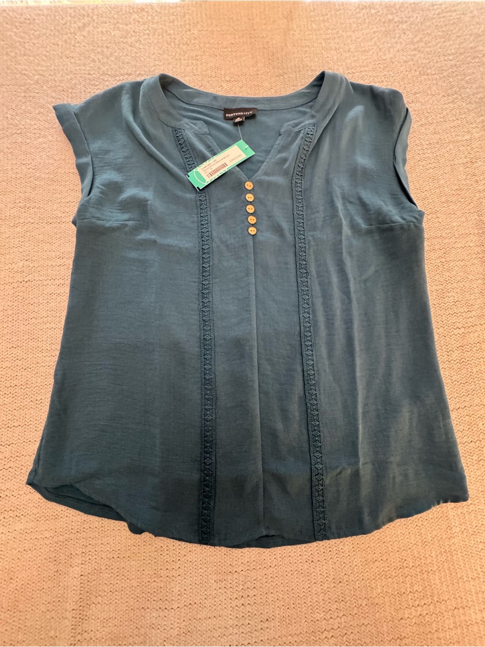 Market & Spruce Teal Button-Front Cap Sleeve Henley